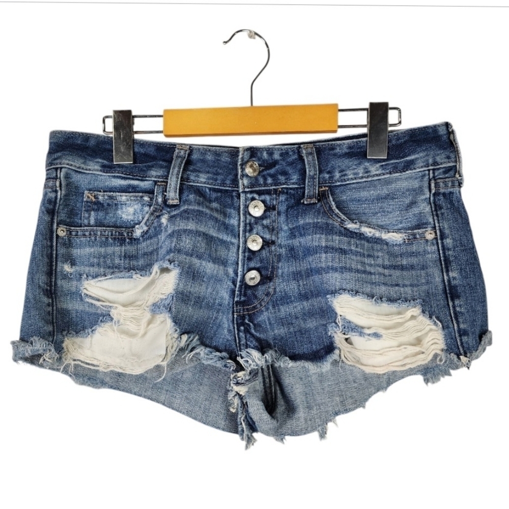 Abercrombie & Fitch Distressed Jean Denim Shorts Low Rise Button Fly Blue Size 8